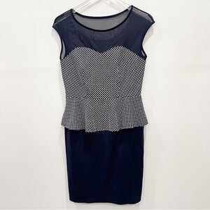 Enfocus Studio Sheer Yoke Polka Dot Peplum Dress Pencil Skirt Size 8 Navy Blue